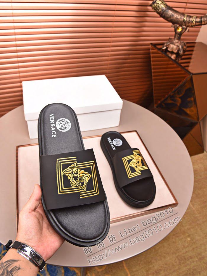 VERSACE男鞋 範思哲新款沙灘拖鞋 牛皮配品牌logo刺繡人頭拼接拖鞋  jpx2201